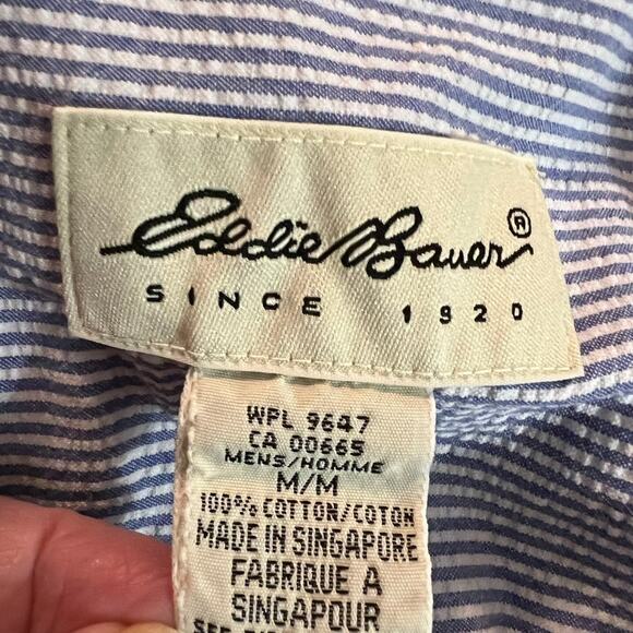Eddie Bauer Mens Blue and White Striped Seersucker Short Sleeve Shirt Size M - Picture 4 of 6